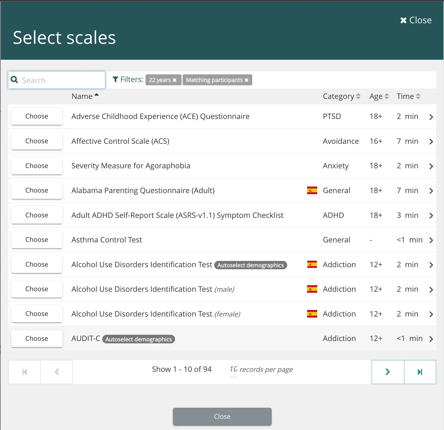 Mirah platform Select scales screen showing a list of assessment scales with options to choose, filter, and navigate through pages.