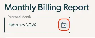 Mirah Collaborative Care Monthly Billing Report page showing February 2024 selected with a calendar icon for date selection.