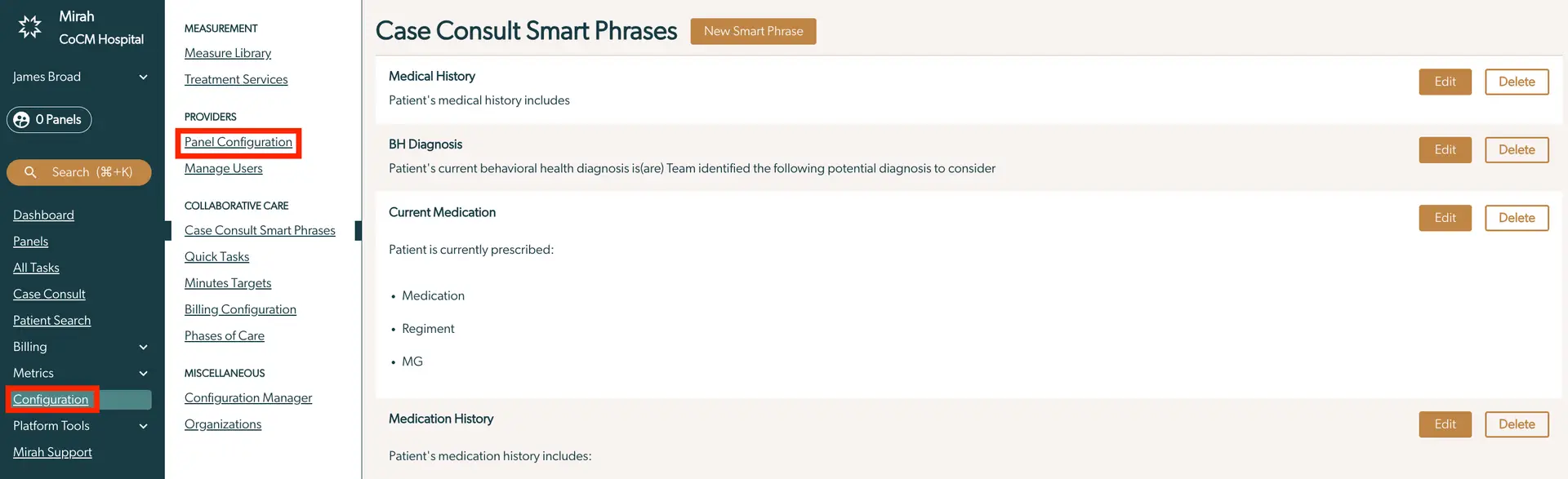 Mirah platform Case Consult Smart Phrases page under Collaborative Care with options to edit or delete medical history, BH diagnosis, current medication, and medication history.