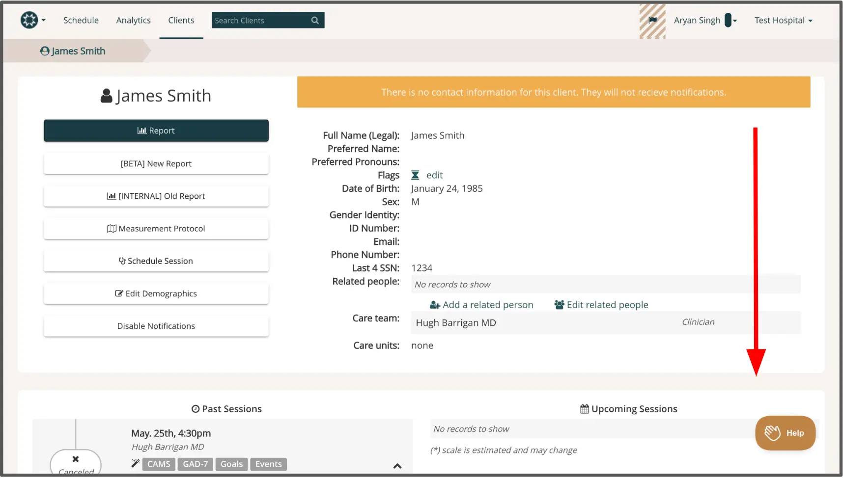 Mirah platform patient profile page for James Smith under Clients tab