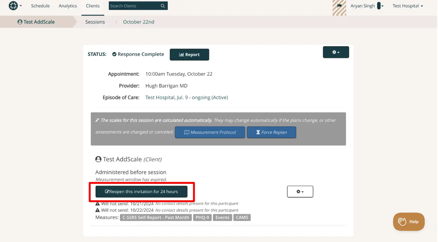 Mirah platform session management screen for Test AddScale on October 22nd, showing options to reopen a measurement invitation.