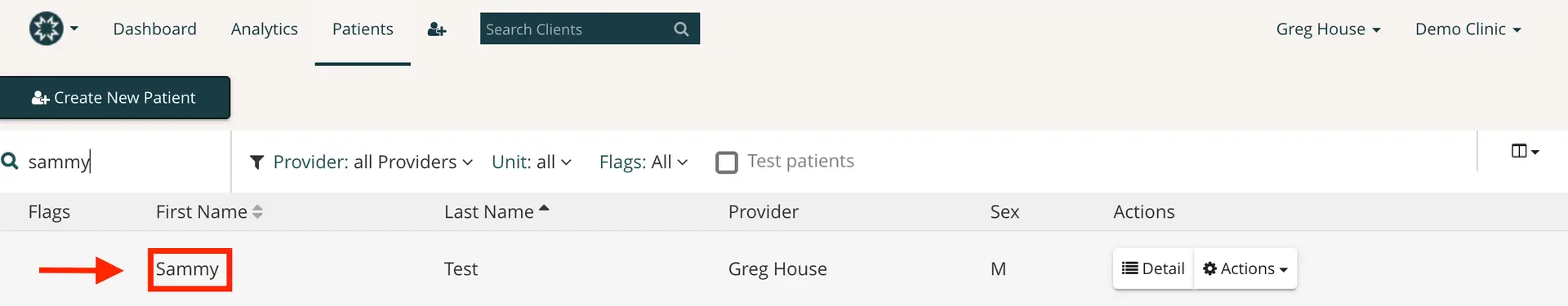 Mirah Patients section with search results for Sammy