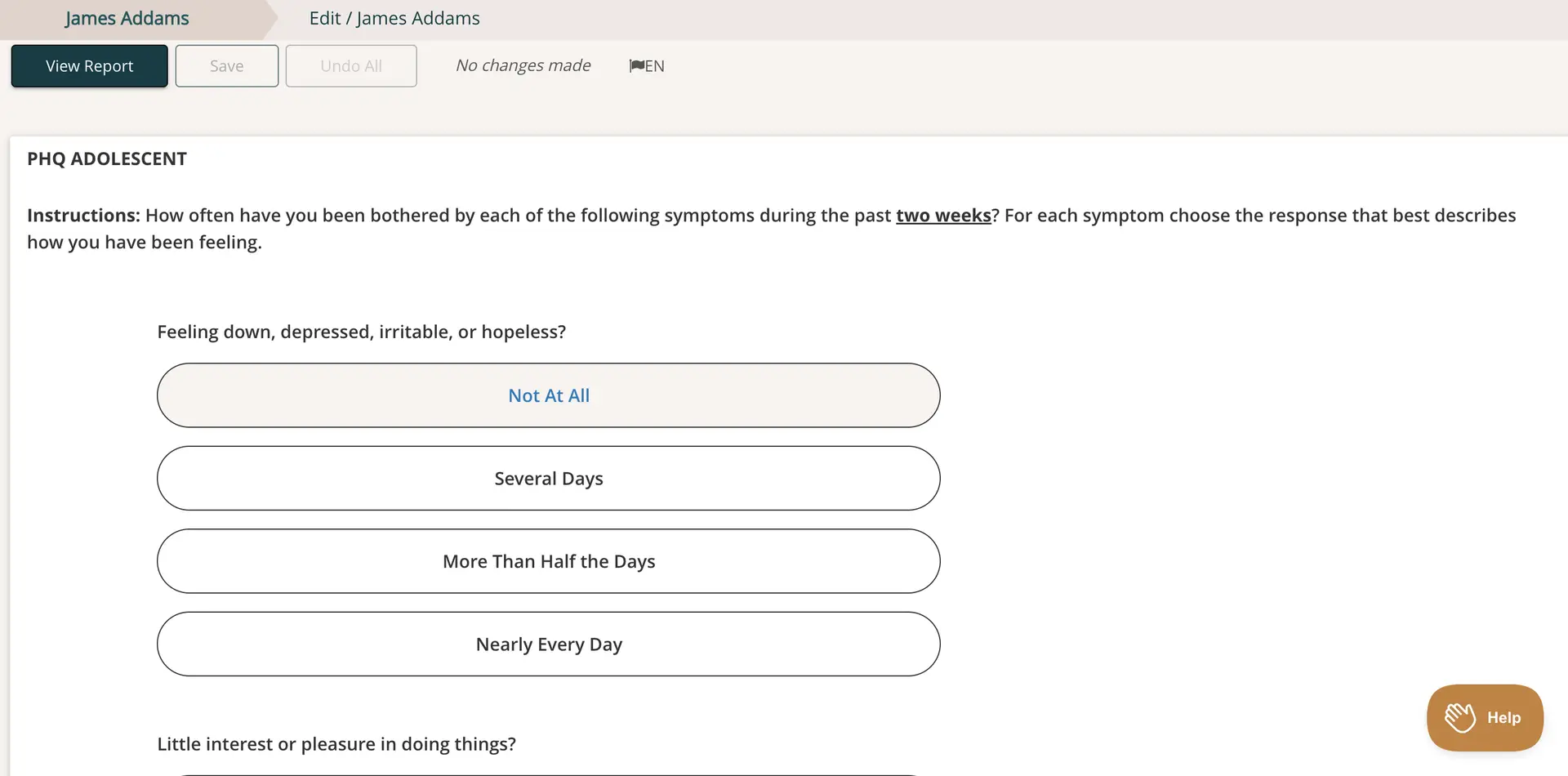 Mirah platform Edit James Addams PHQ Adolescent assessment page