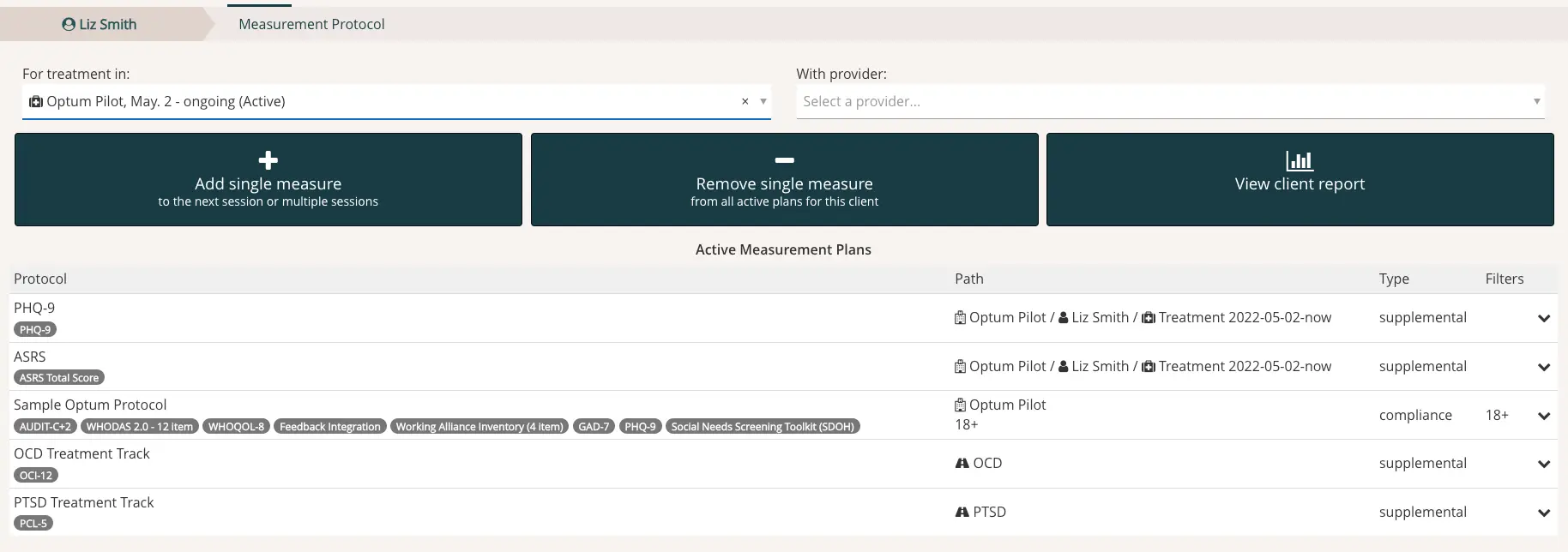 Mirah Measurement Protocol page for Liz Smith showing active measurement plans and options to add or remove measures.