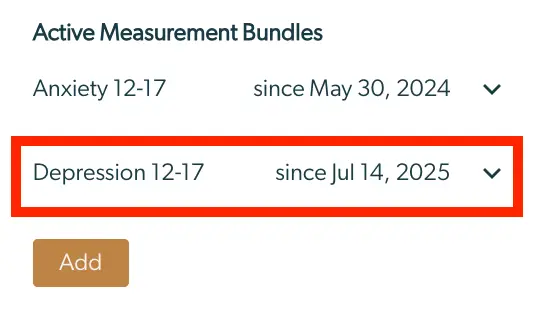 Mirah Collaborative Care Active Measurement Bundles screen showing Anxiety and Depression bundles with start dates and an Add button.