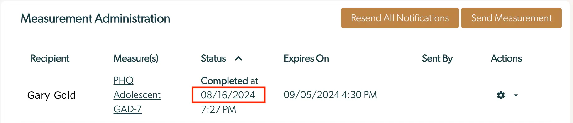 Mirah Measurement Administration screen showing details for recipient Gary Gold with completed measures and action buttons.
