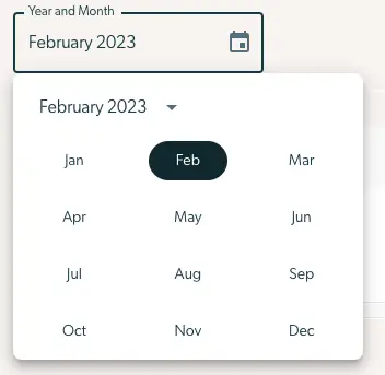 Mirah Collaborative Care Monthly Billing Report February 2023 date selection interface.