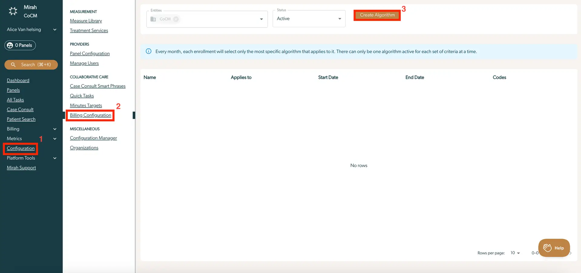 Mirah Collaborative Care Billing Configuration page with Create Algorithm button