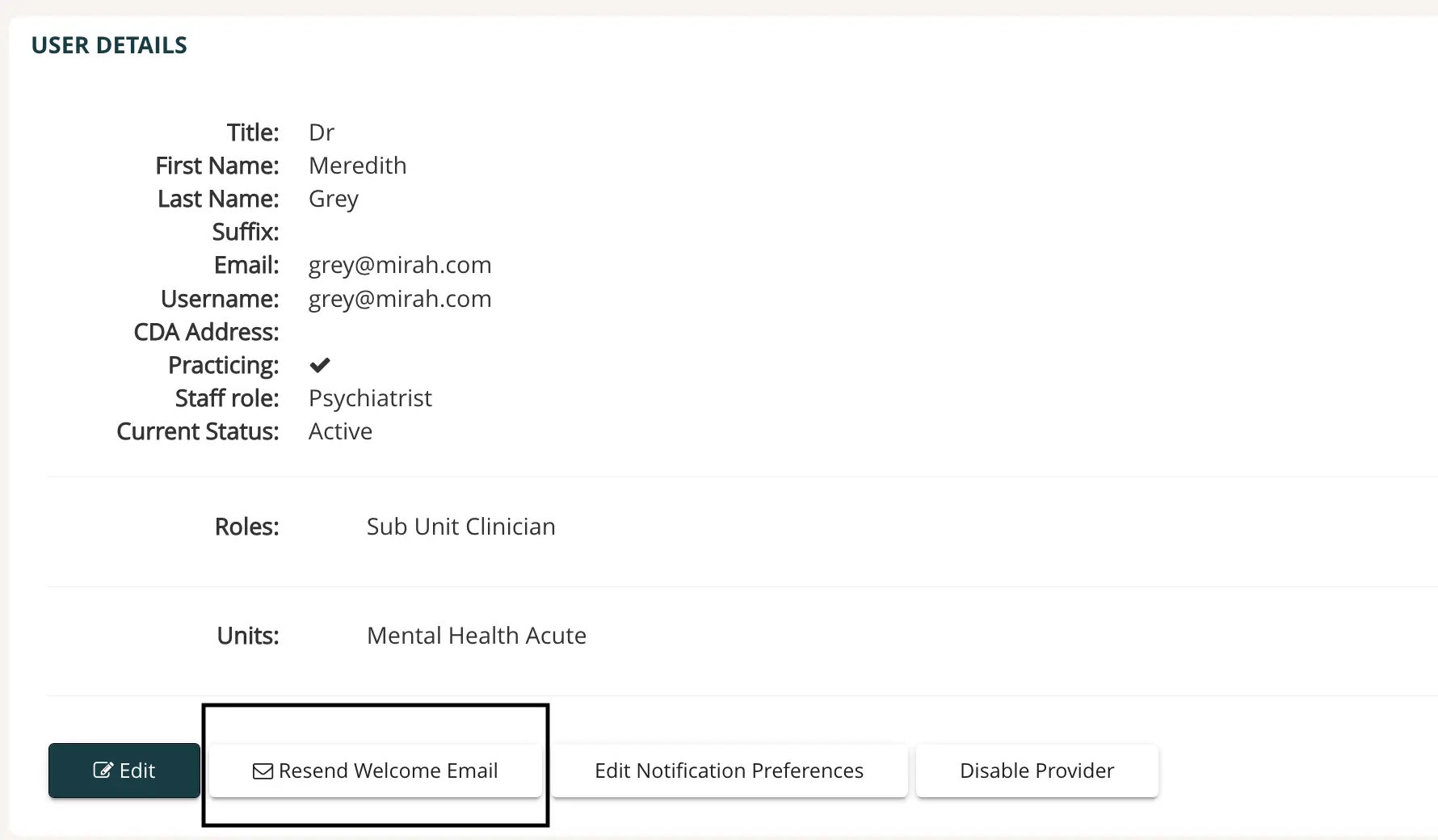 Mirah User Details page for Dr. Meredith Grey, showing user information and management options.