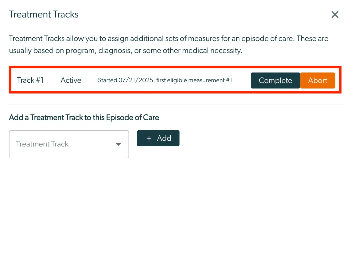 Mirah platform Treatment Tracks screen for assigning measures to an episode of care