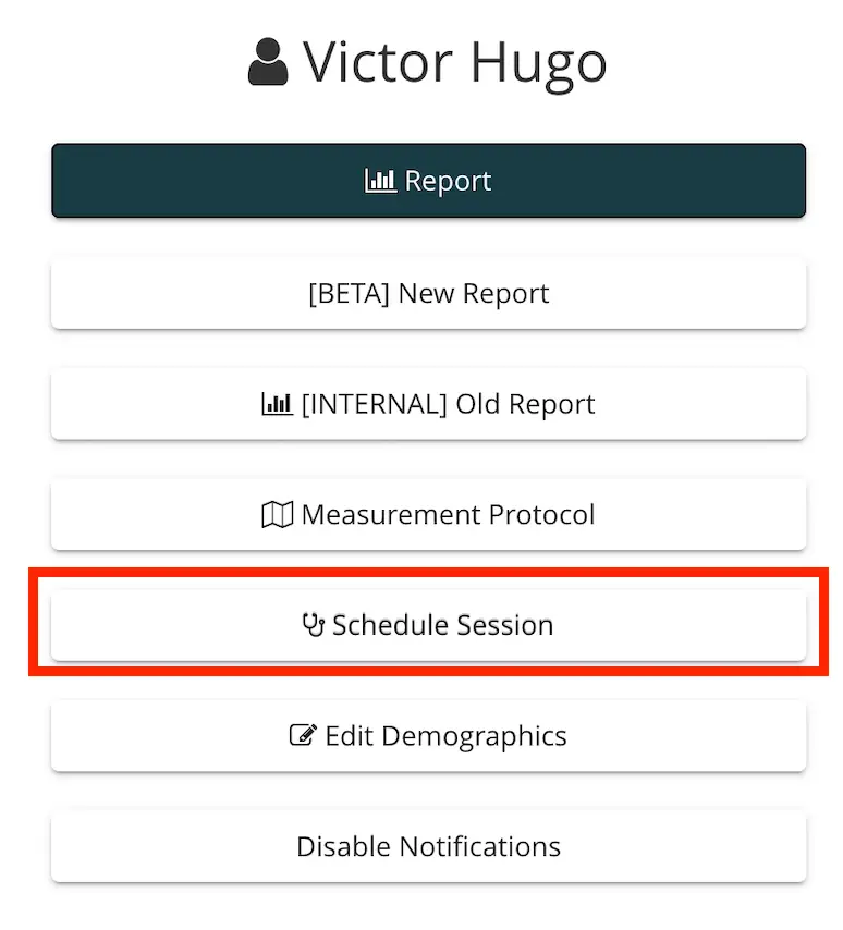 Mirah platform user interface for Victor Hugo showing options to manage patient data including scheduling sessions and editing demographics.