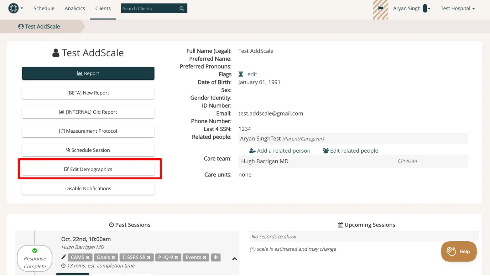 Mirah platform patient profile page for Test AddScale under Clients section, highlighting Edit Demographics button.
