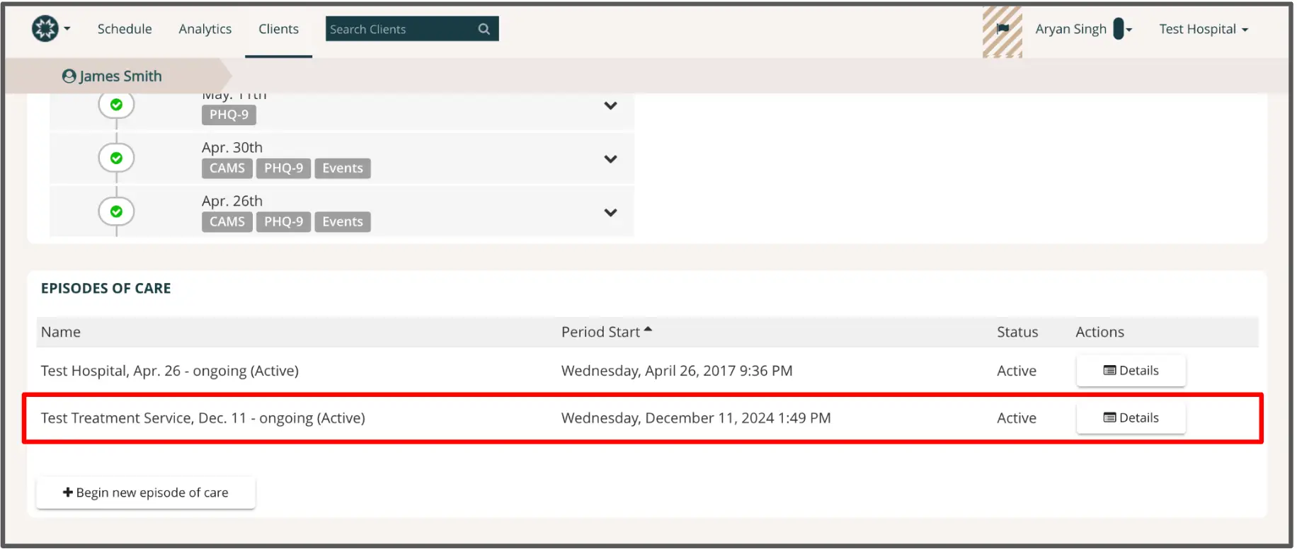 Mirah platform, Clients section, James Smith's Episodes of Care