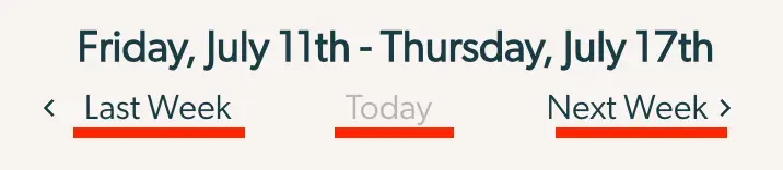 Mirah Schedule View date navigation showing the week of Friday, July 11th to Thursday, July 17th with options for Last Week, Today, and Next Week.