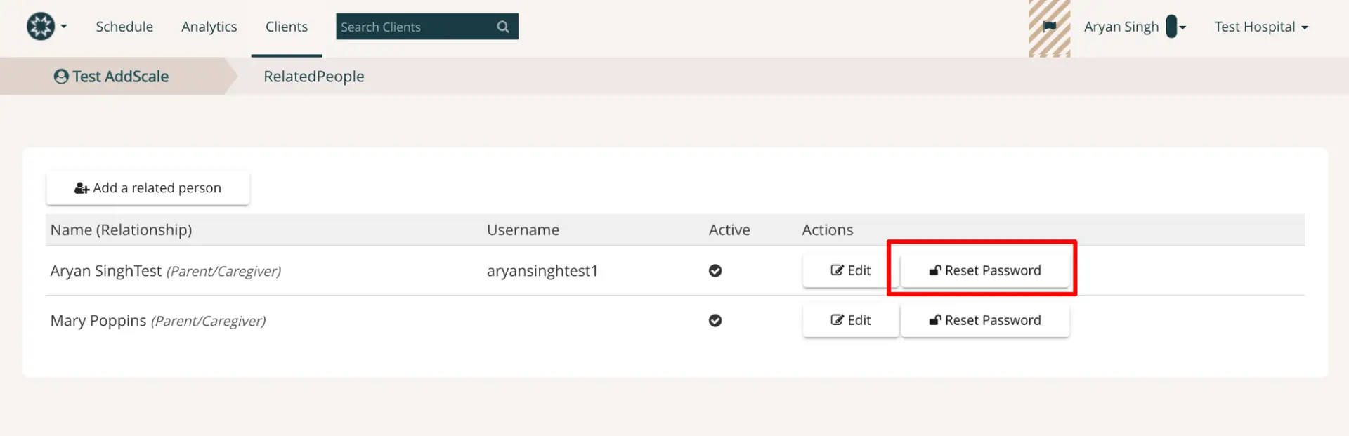 Mirah platform Related People section under Test AddScale showing options to edit or reset password for related persons.