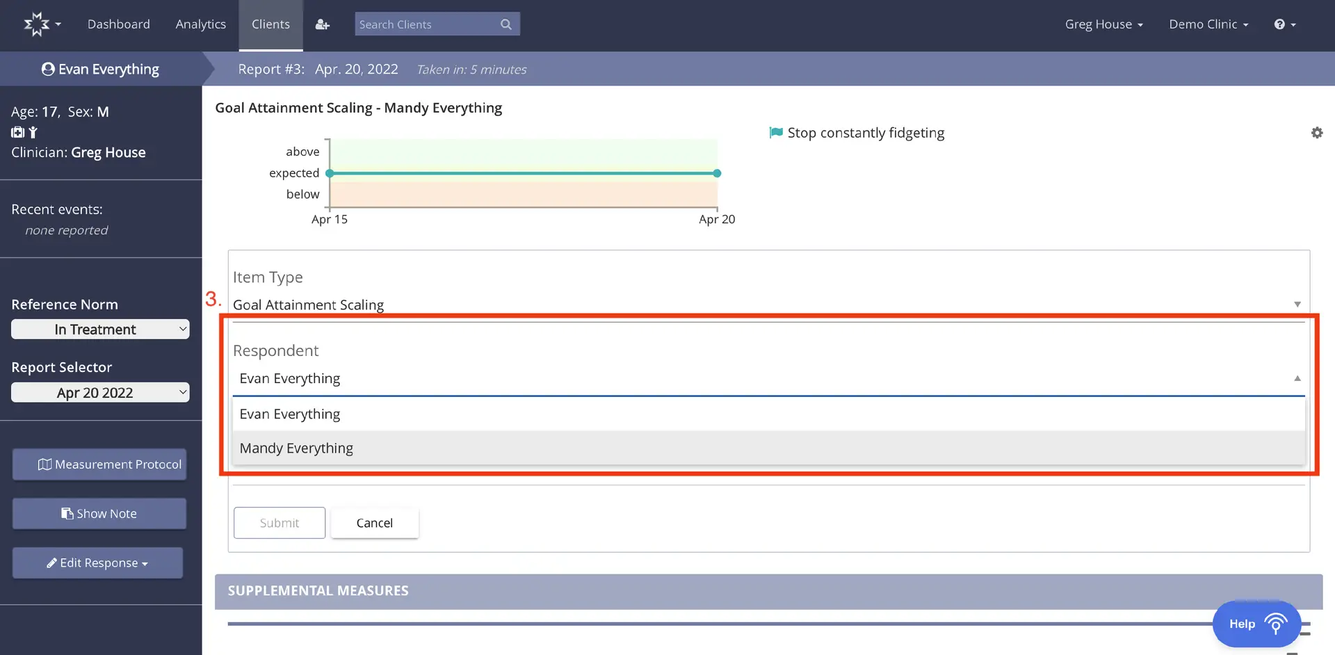 Mirah platform Goal Attainment Scaling for Evan Everything, April 20, 2022