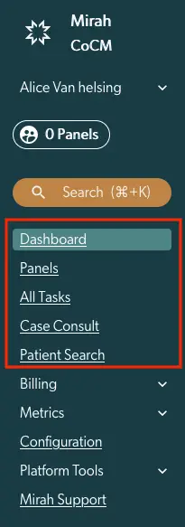 Mirah Collaborative Care vertical navigation menu with Dashboard, Panels, All Tasks, Case Consult, and Patient Search options.