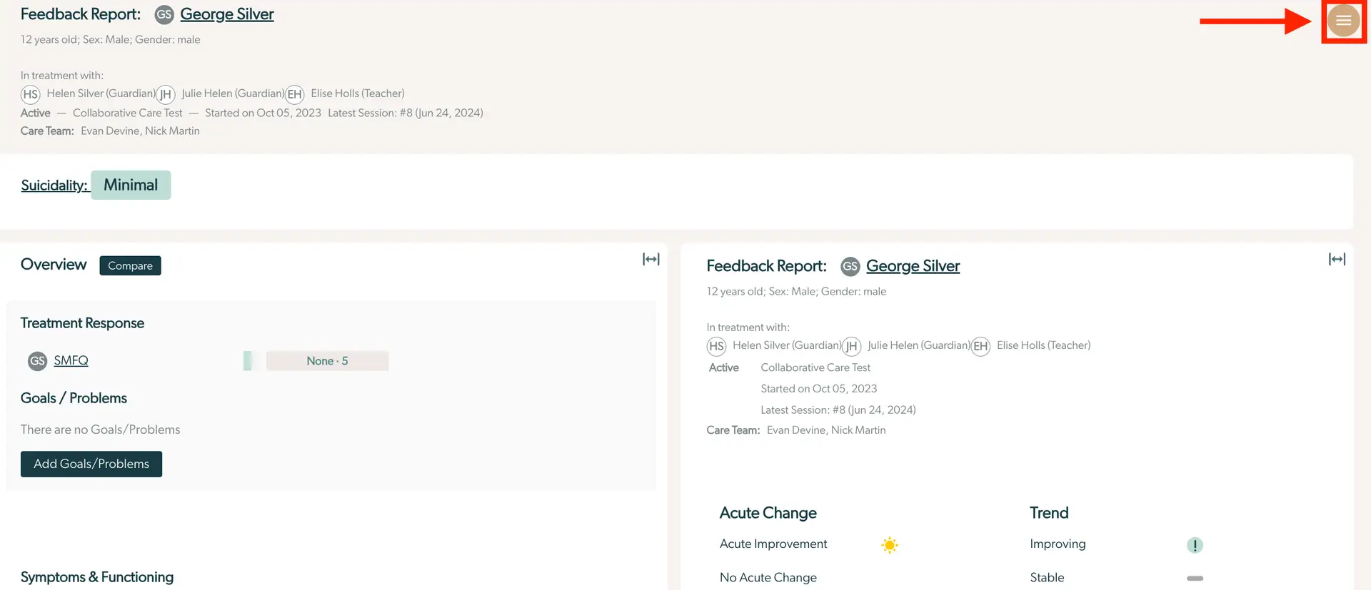 Mirah Enhanced Feedback Report for George Silver showing treatment details, suicidality level, and options for adding goals or problems.