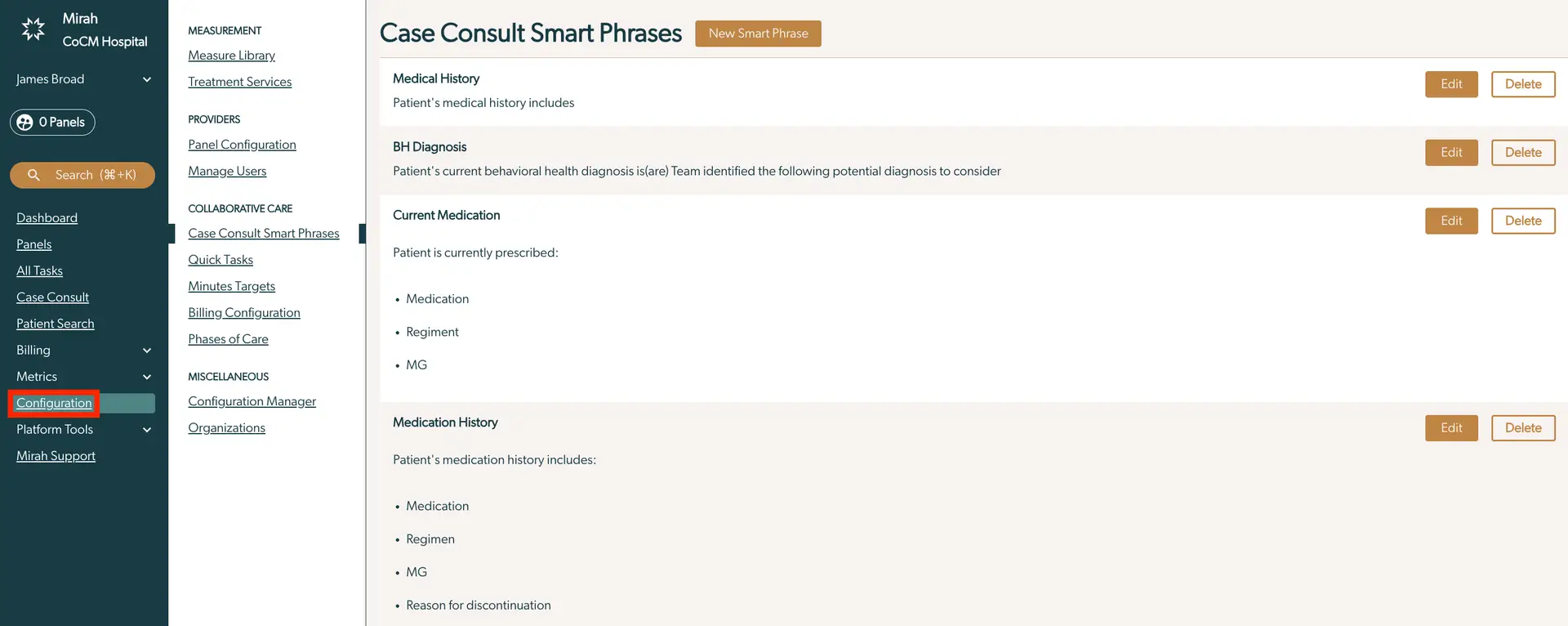 Mirah platform Case Consult Smart Phrases page under Configuration