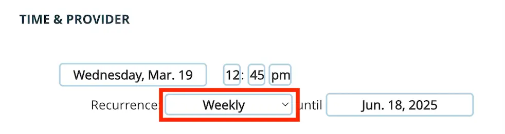 Mirah platform Time & Provider section for editing recurring appointments
