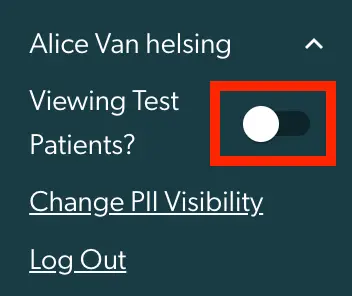 Mirah Collaborative Care interface showing user Alice Van Helsing with options to view test patients, change PII visibility, and log out.