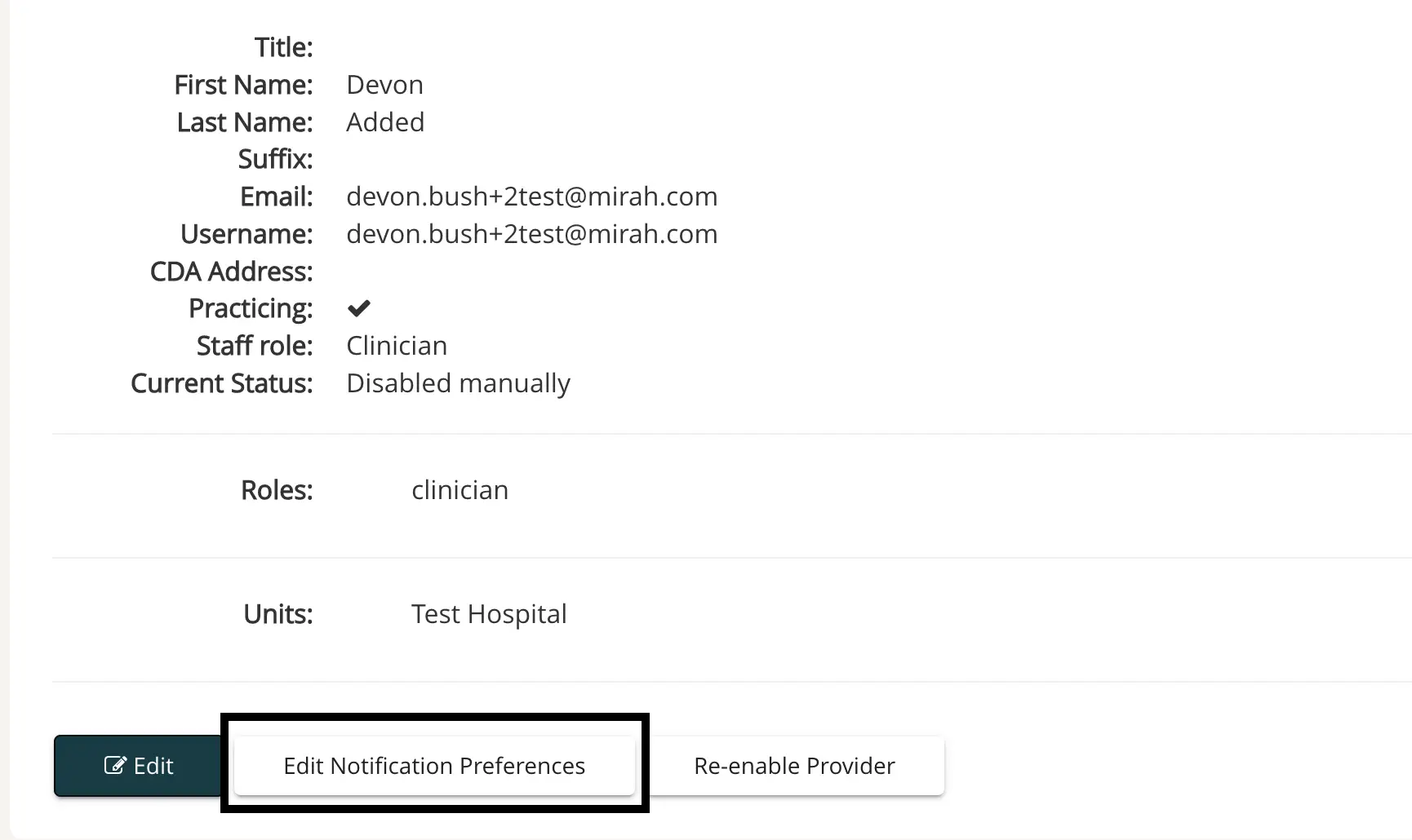 Mirah platform user profile for Devon Added with options to edit notification preferences and re-enable provider.