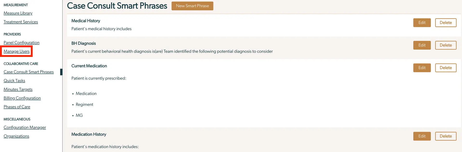 Mirah platform Case Consult Smart Phrases screen with Manage Users highlighted in the sidebar.