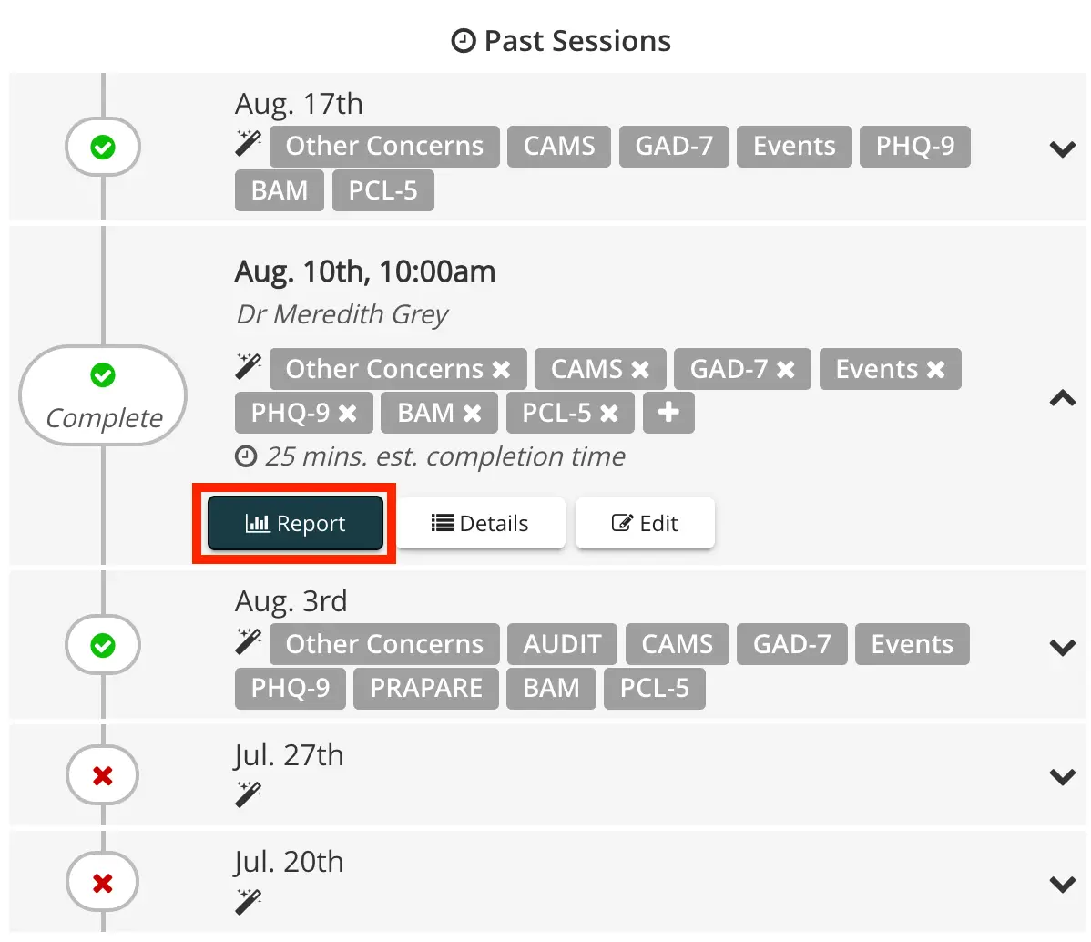 Mirah platform Past Sessions screen showing session details and report generation option