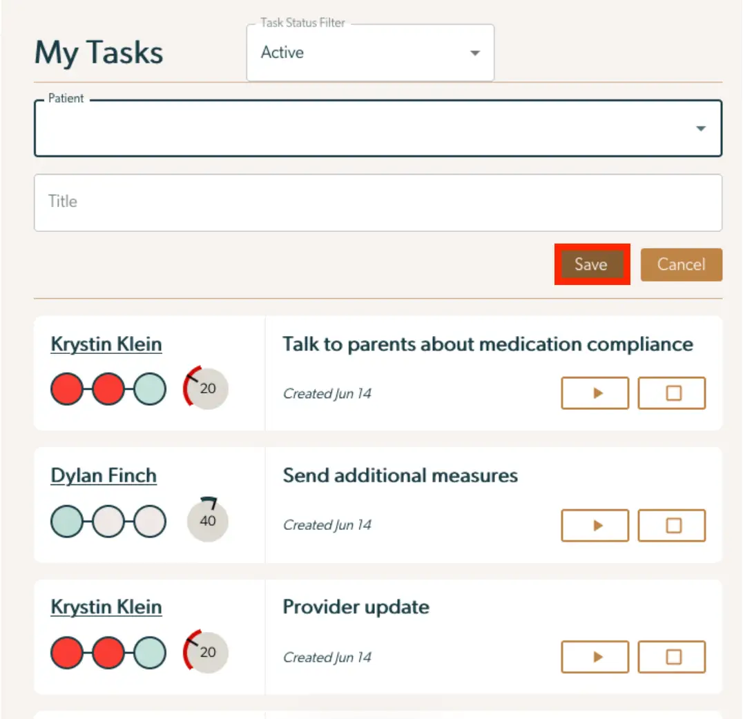 Mirah Collaborative Care My Tasks screen with task list and filter options