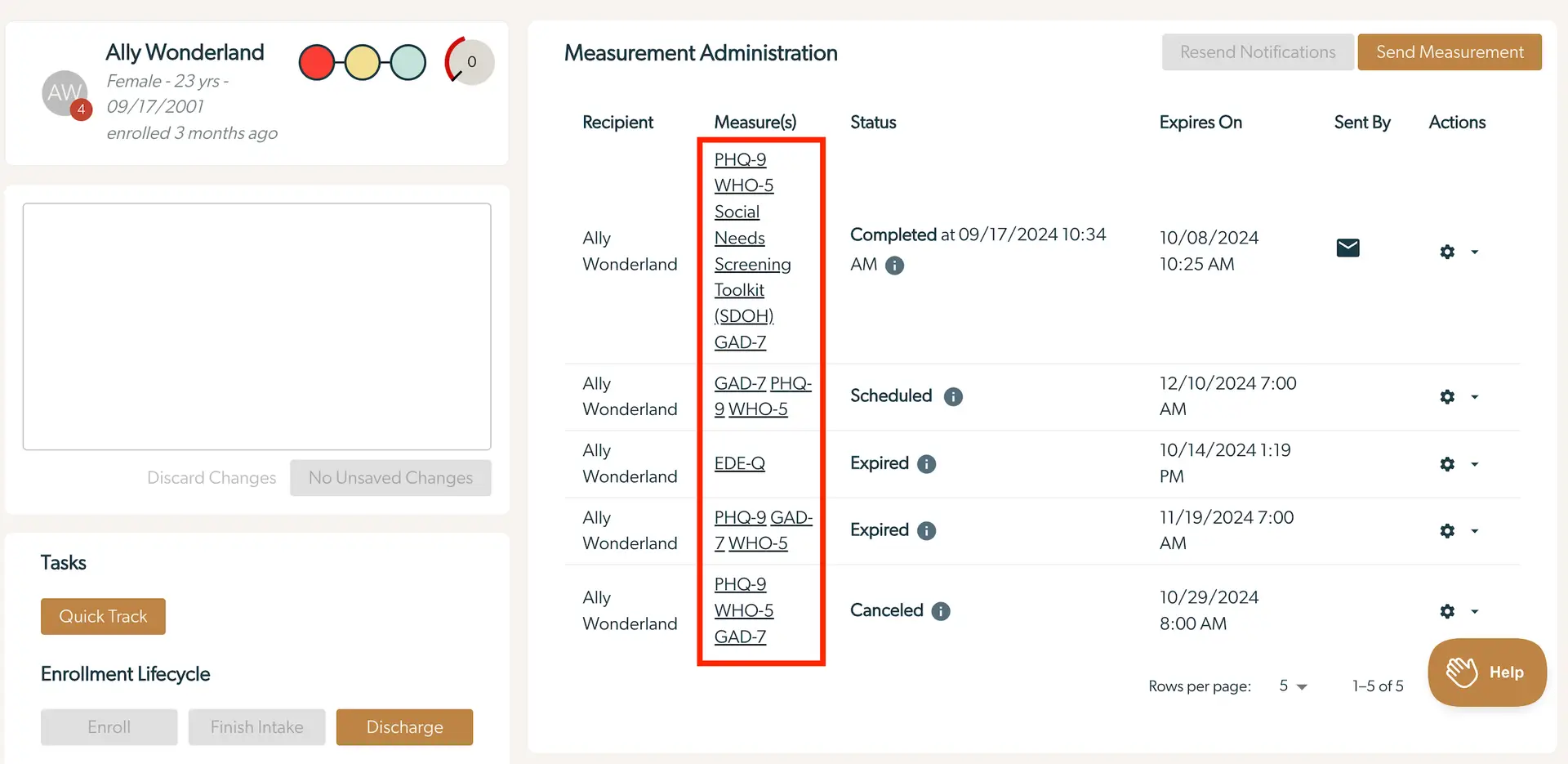 Mirah platform Measurement Administration screen for Ally Wonderland showing assessment details and actions.