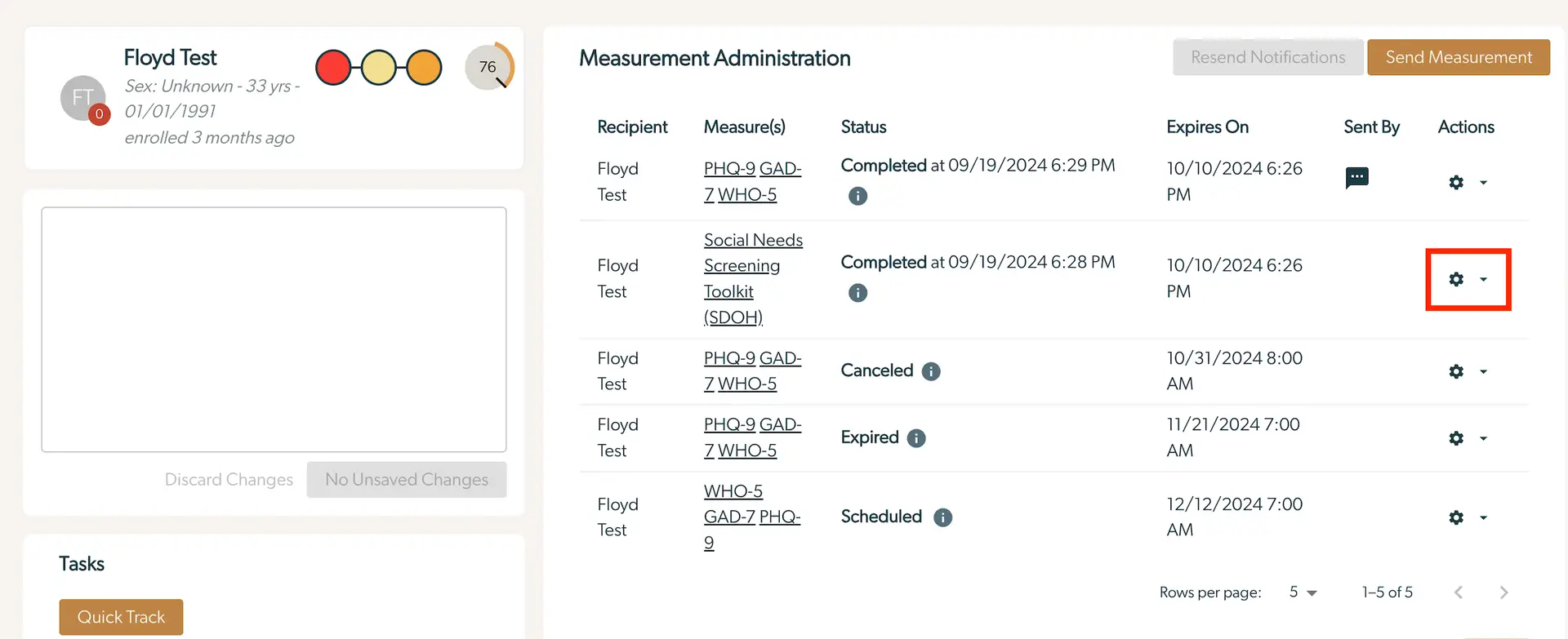 Mirah Collaborative Care Measurement Administration screen for Floyd Test