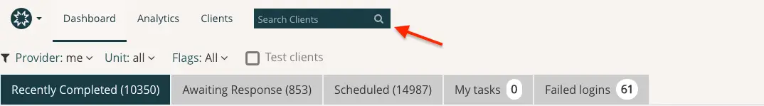 Mirah platform navigation bar with search clients feature and status tabs