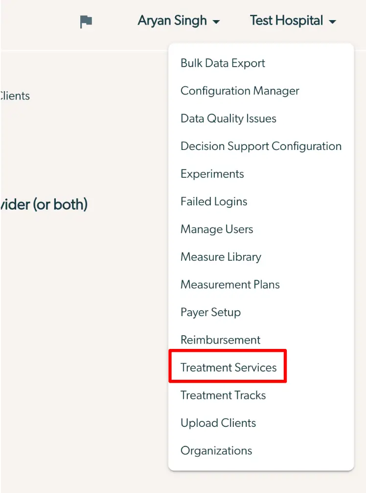 Mirah platform dropdown menu under Aryan Singh profile with Treatment Services highlighted