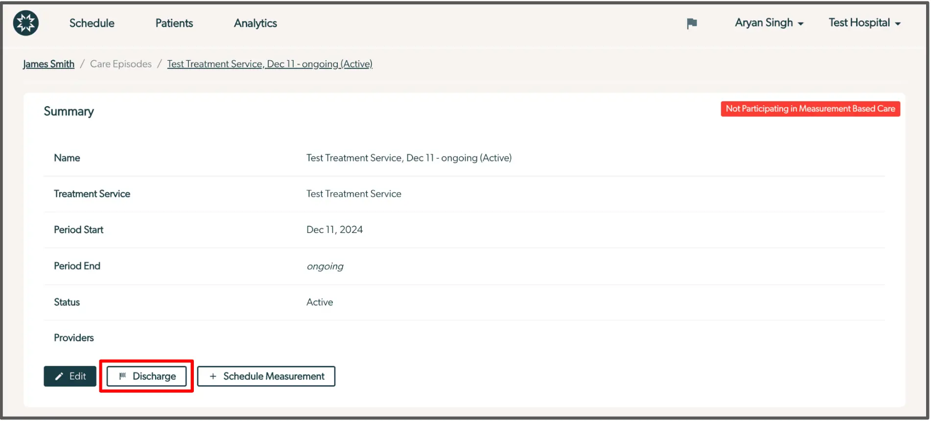 Mirah platform Episode of Care summary page for James Smith, Test Treatment Service ongoing
