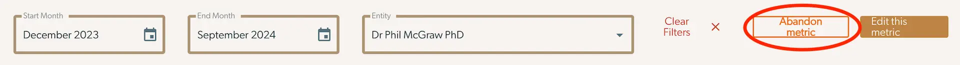 Mirah Reporting Analytics - Retire a Metric screen with date and entity filters, and options to abandon or edit the metric.