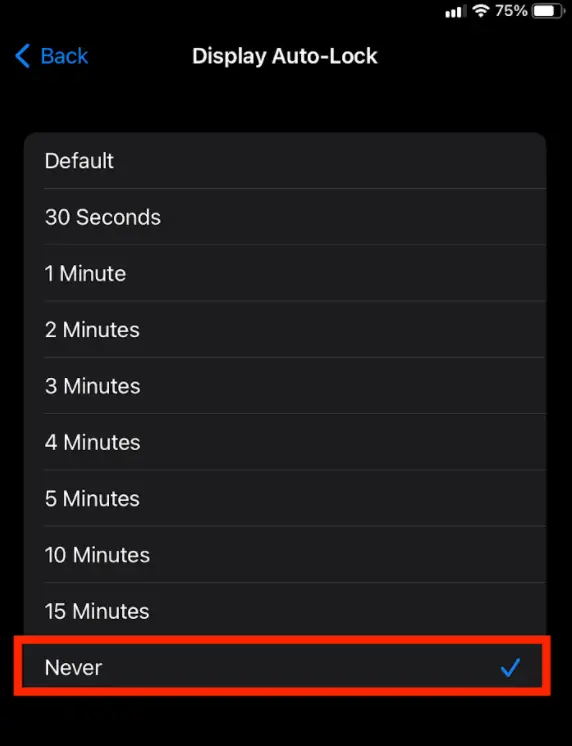 Display Auto-Lock settings screen on iPad for configuring Mirah Tablets