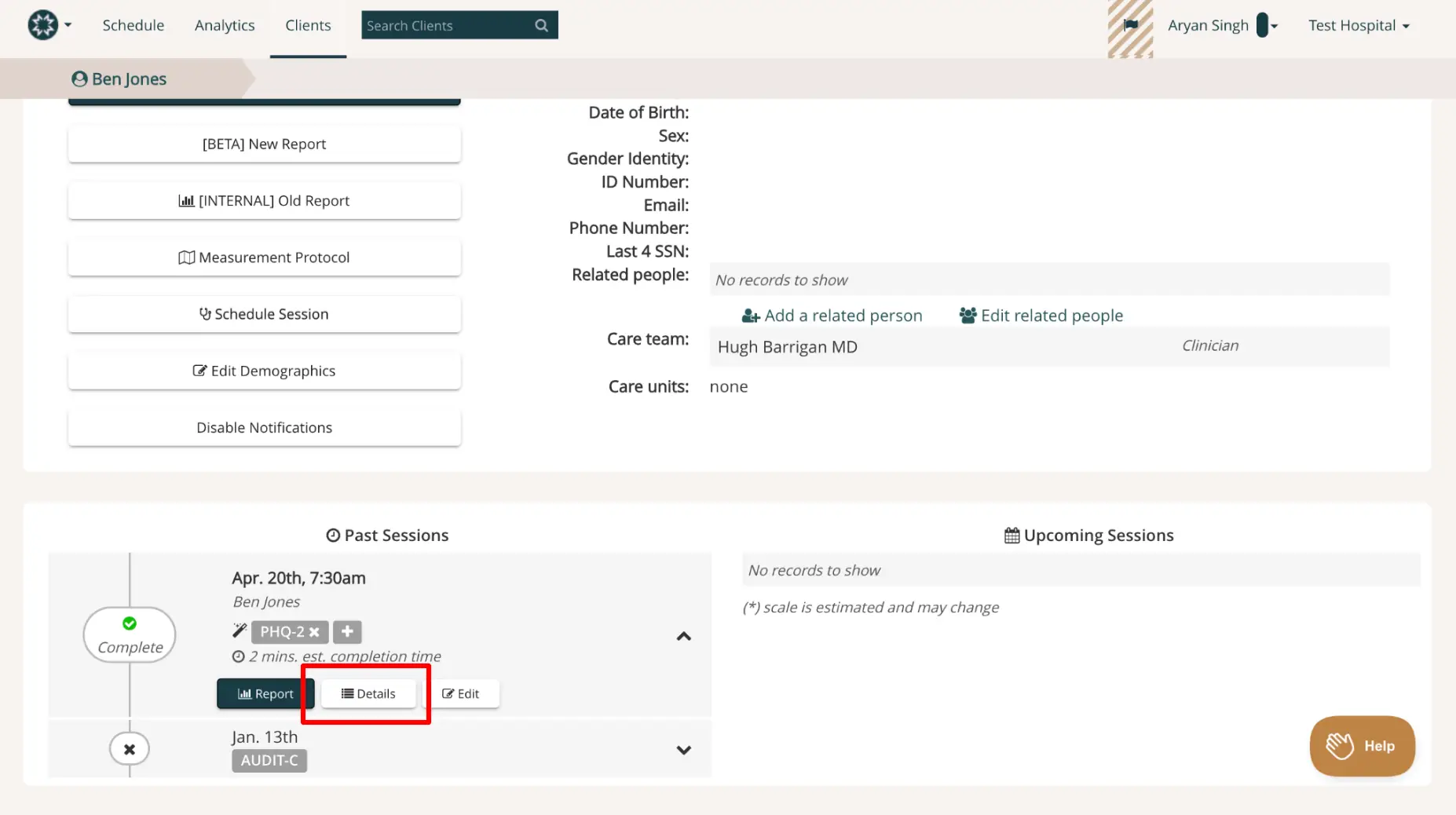 Mirah client profile page for Ben Jones showing past sessions and client details.