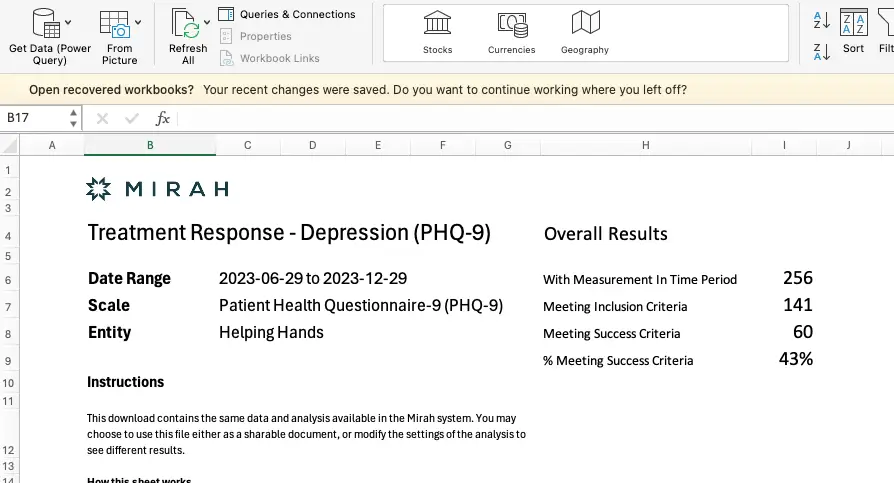 Mirah Outcomes Framework - Download Results for Treatment Response - Depression (PHQ-9)