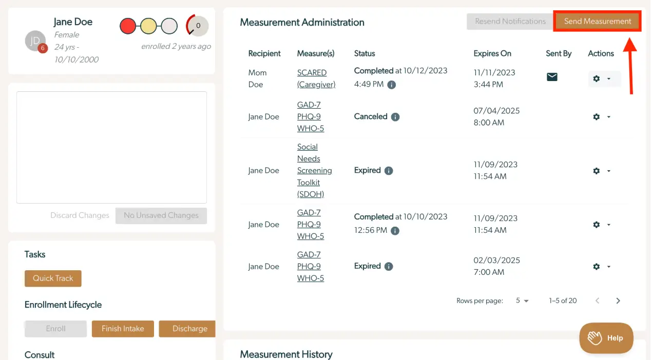 Mirah Collaborative Care - Patients - Measurement Administration screen showing how to send a measure manually.