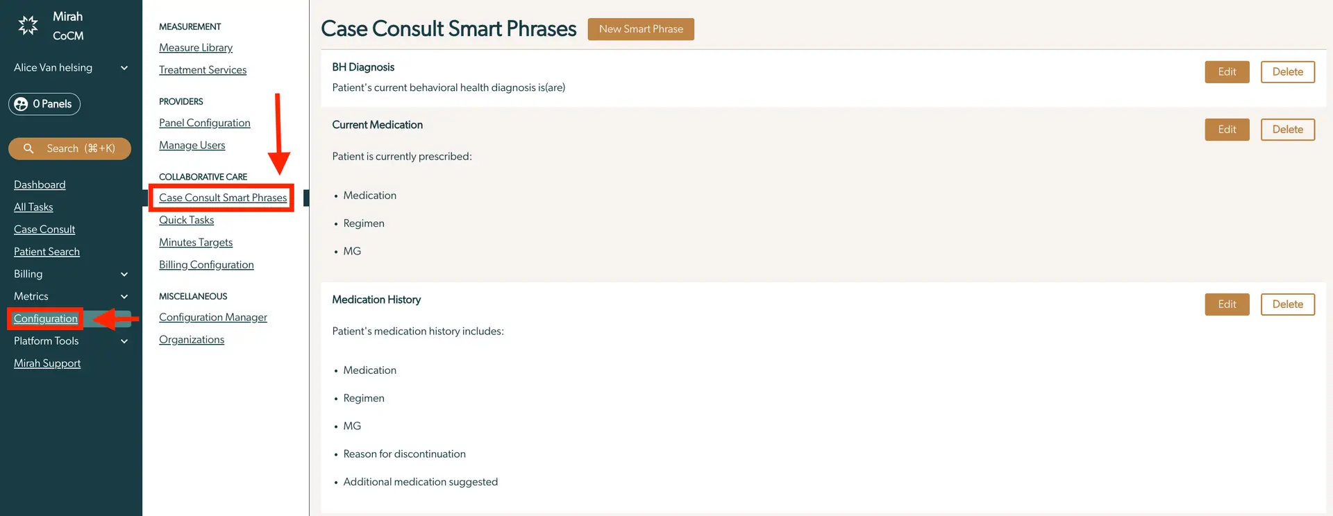 Mirah platform Case Consult Smart Phrases configuration screen