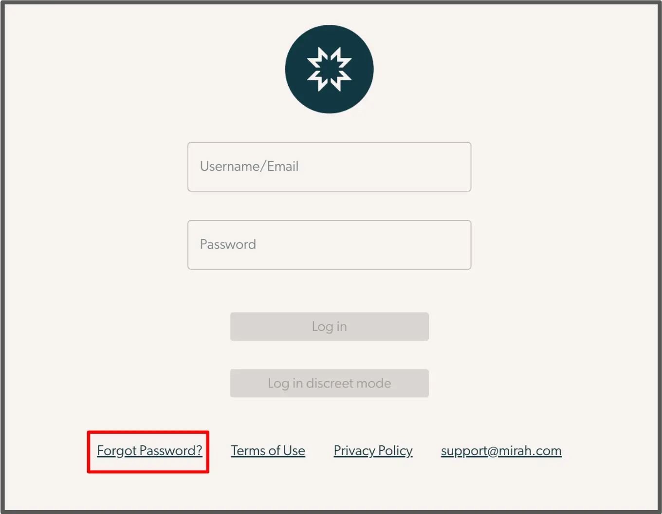 Mirah login page with Username/Email and Password fields, Forgot Password link, Terms of Use, Privacy Policy, and support email.