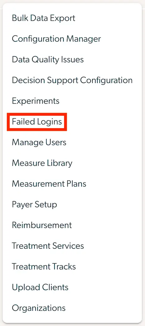 Mirah platform navigation menu with Failed Logins highlighted