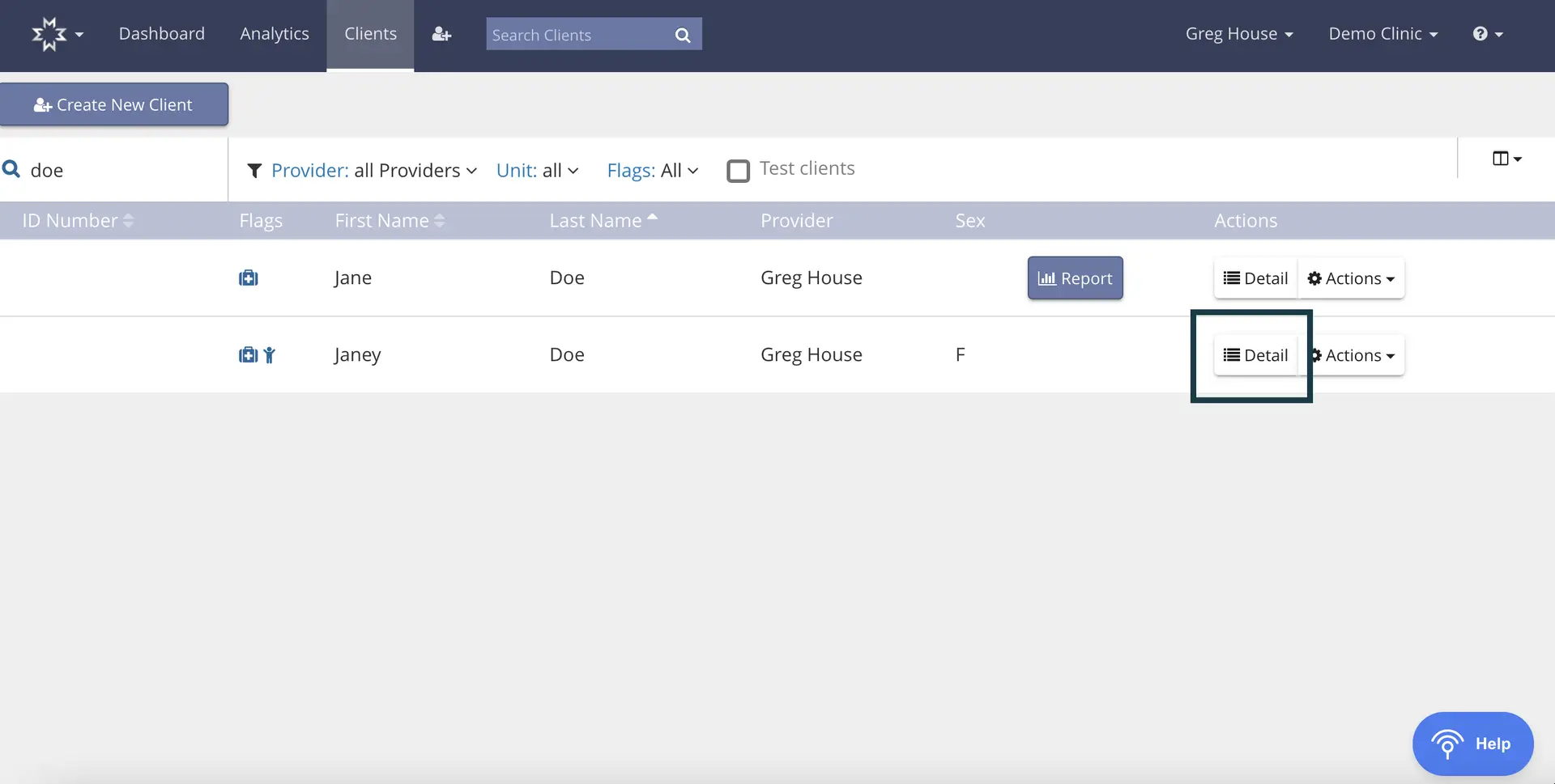Mirah Clients section showing list of clients with search and action options