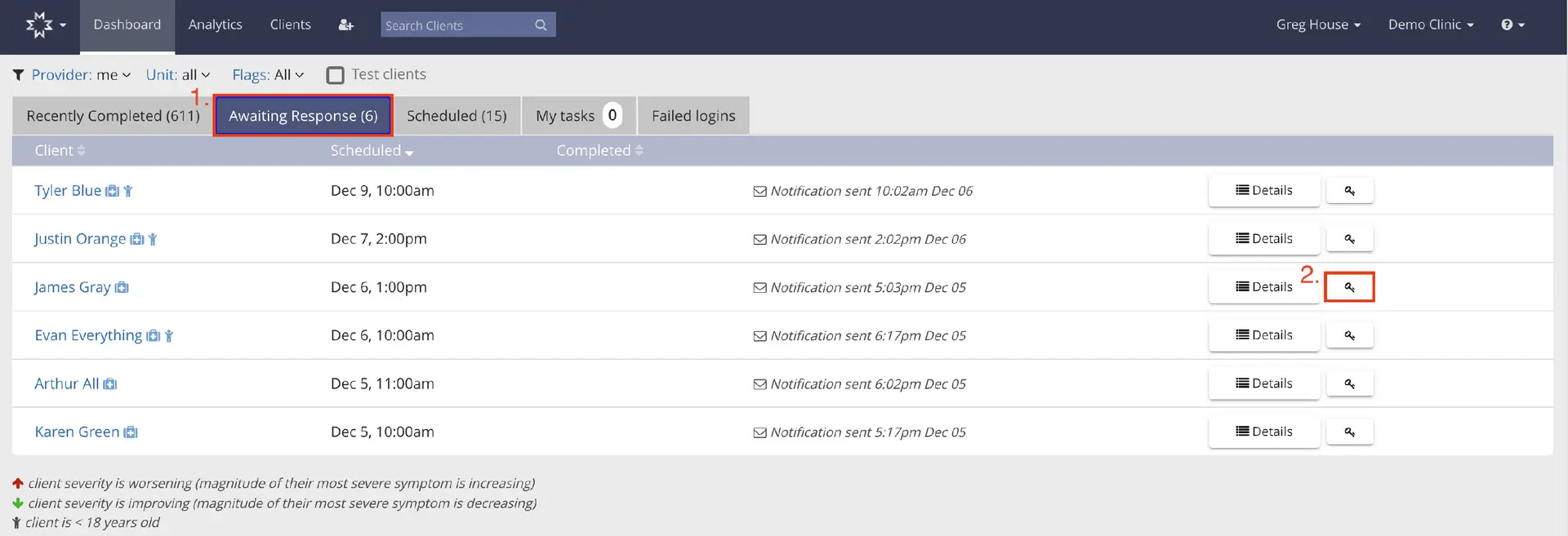 Mirah platform screenshot showing Awaiting Response tab with client list and assessment access options.