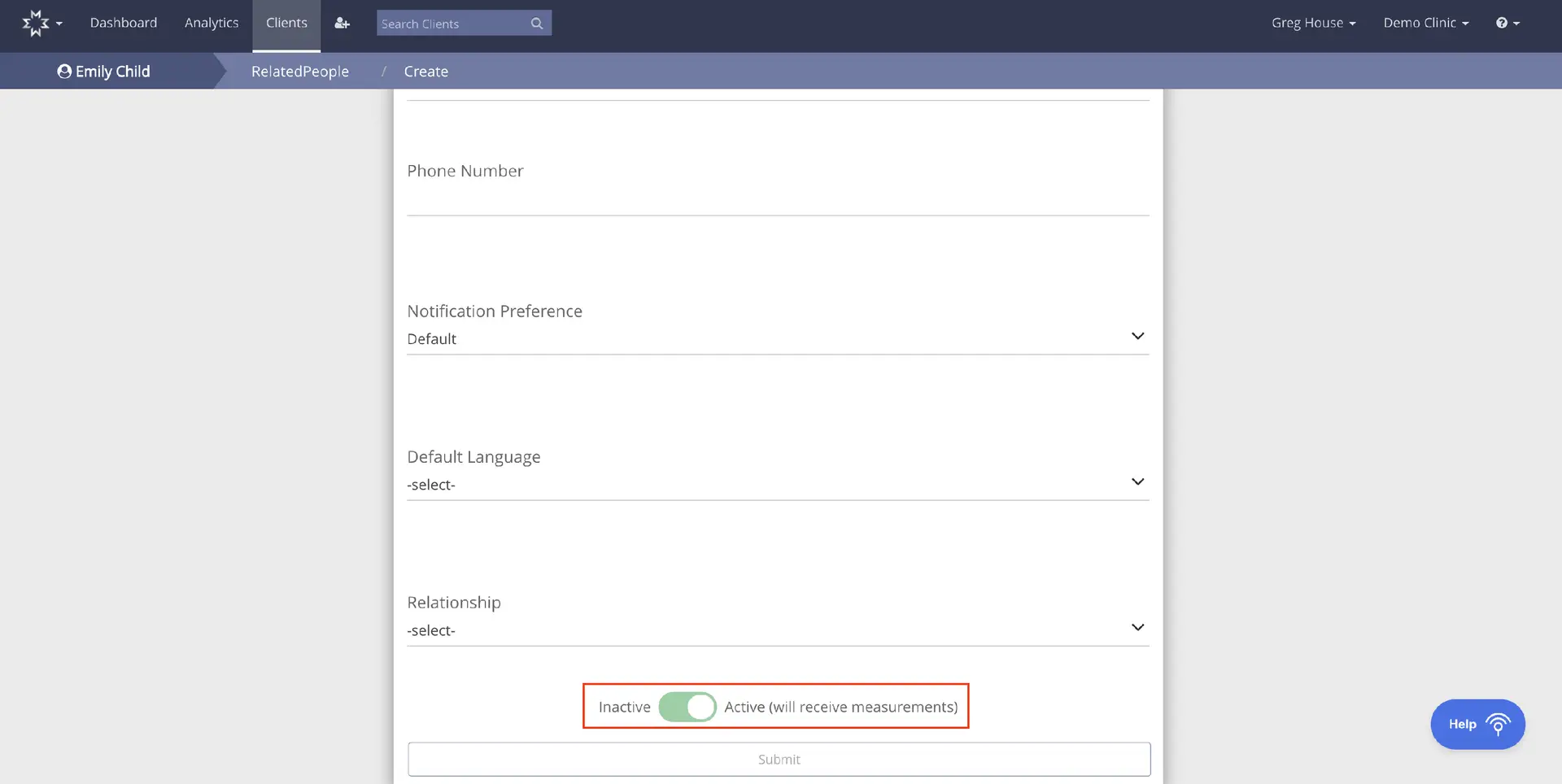 Mirah platform screen for managing youth patient caregiver information, showing fields for phone number, notification preference, default language, relationship, and an active status toggle.