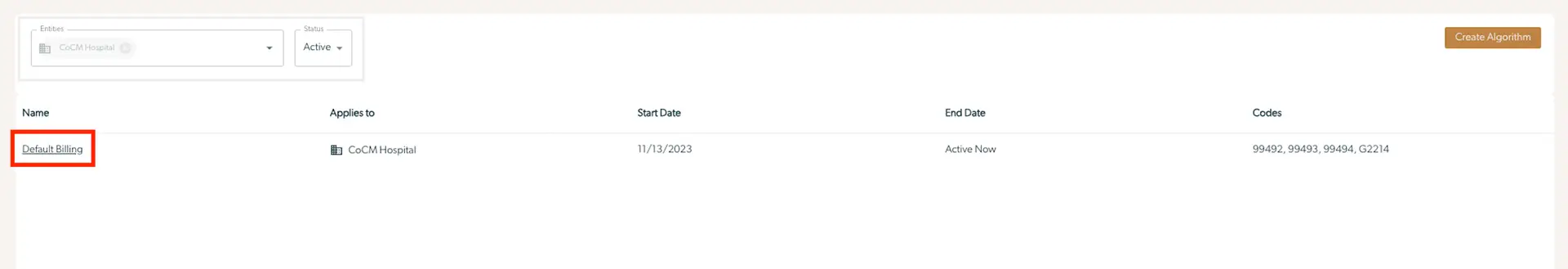 Mirah Collaborative Care Billing Insights screen showing Default Billing for CoCM Hospital