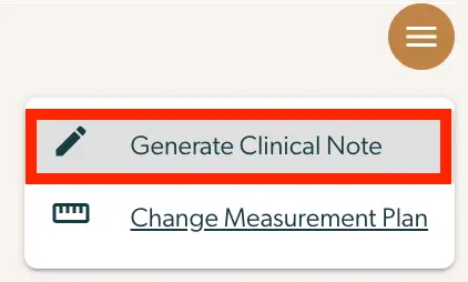 Mirah Enhanced Feedback Report menu with options to Generate Clinical Note and Change Measurement Plan.