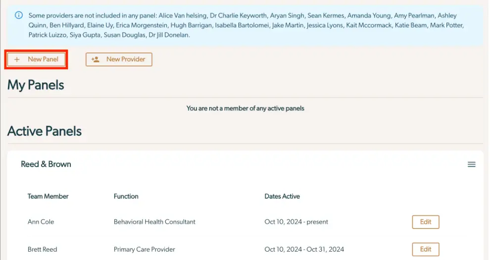 Mirah Collaborative Care Panels management screen showing active panels and options to create new panels or providers.