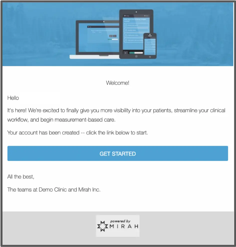 Mirah welcome email for new user activation in the Integrations feature
