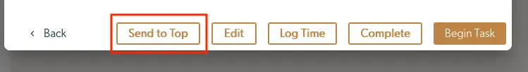 Mirah Collaborative Care task management buttons including Send to Top, Edit, Log Time, Complete, and Begin Task.